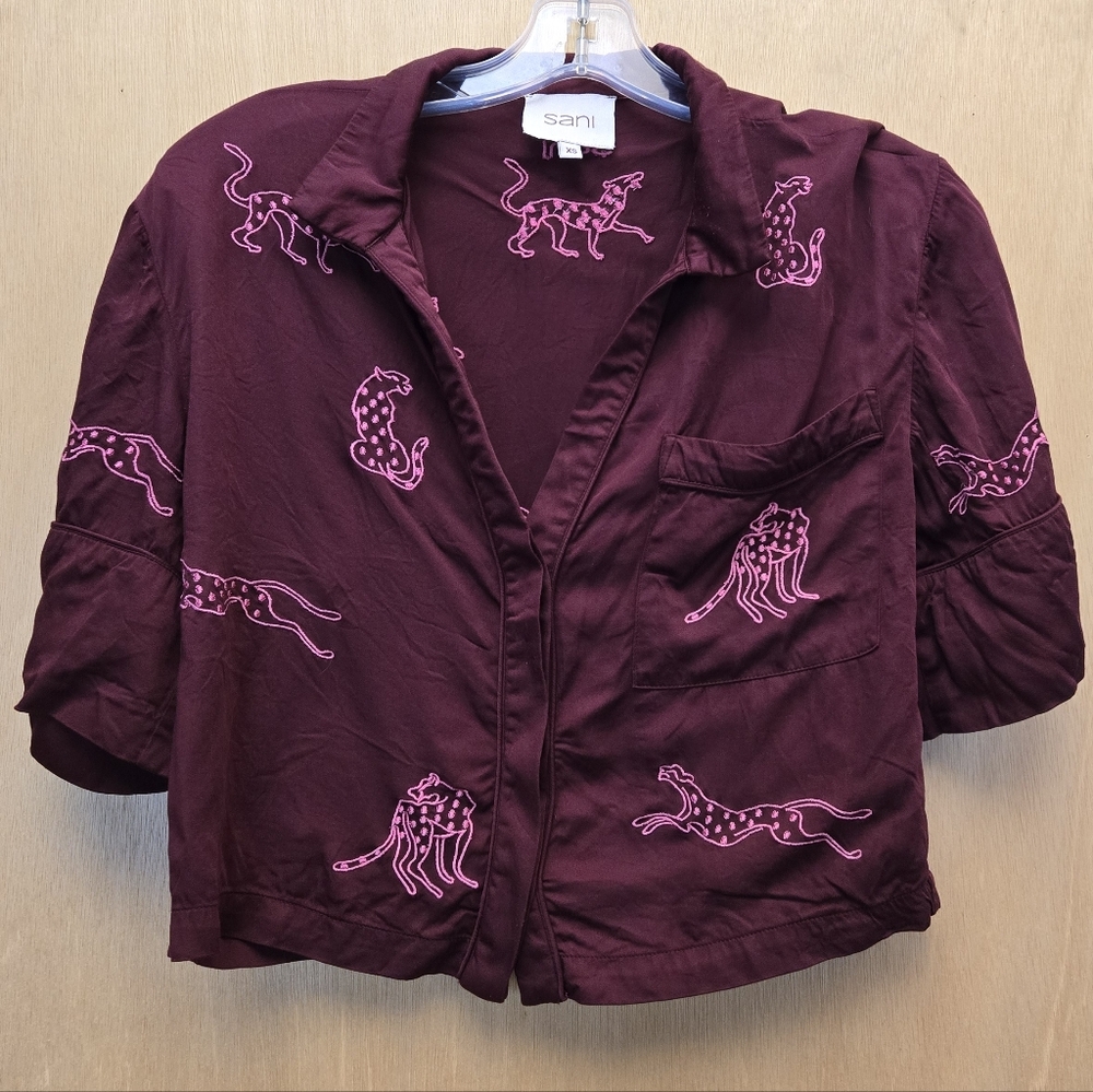 Sani Tiger Embroidered Lounge Wear Top XS Purple Crop